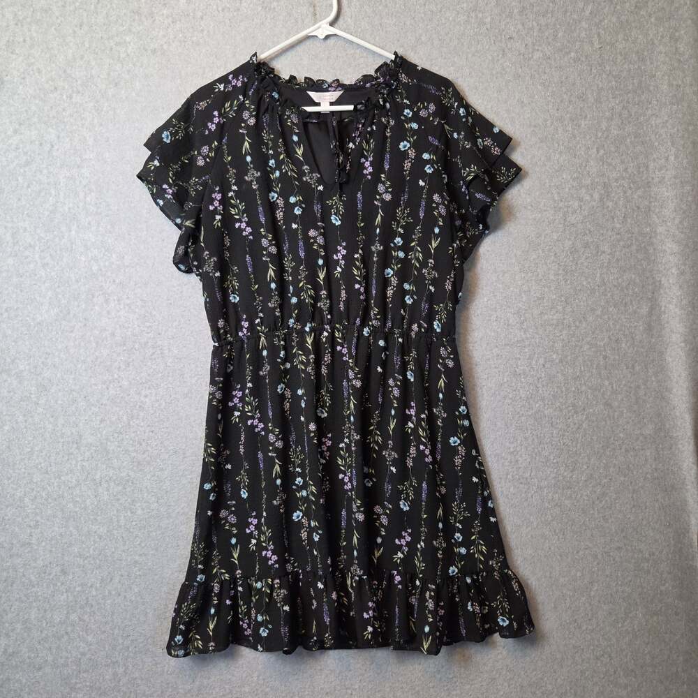 Lauren Conrad Black Floral Ruffle Sleeve Mini Dress Women's Large Stretch Lined